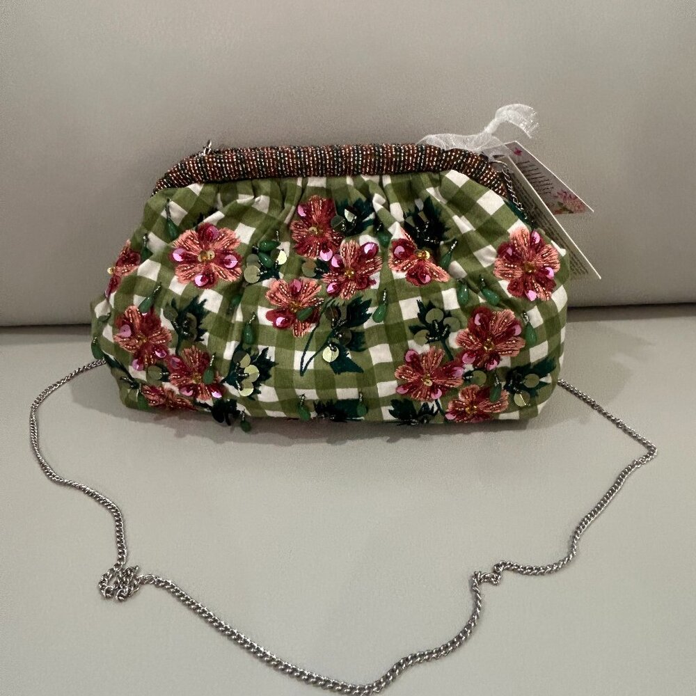 Handcrafted in India Gingham Crossbody Clutch Bag Floral. Beaded with Sequins
